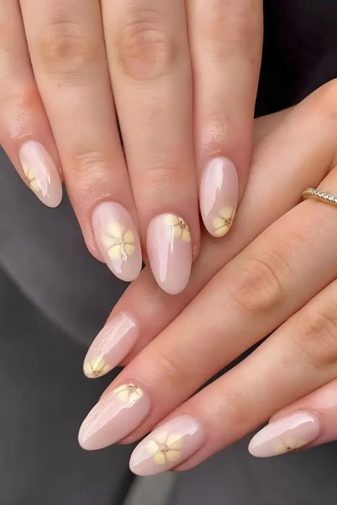 Milky Mani With Butter Yellow Blooming Flowers for a Fresh Spring Look