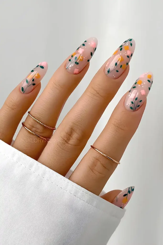 Milky Mani With Floral Accents in Orange and Pink With Greens for a Fresh Spring Style