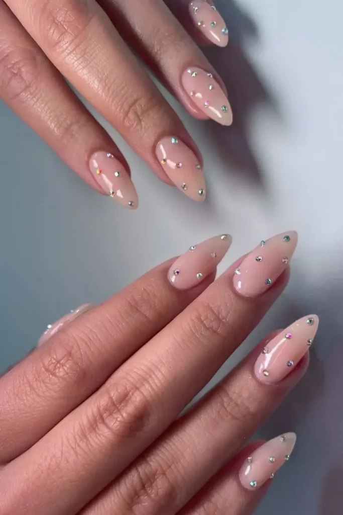 Milky Mani With Rhinestone Studs That Sparkle Beautifully