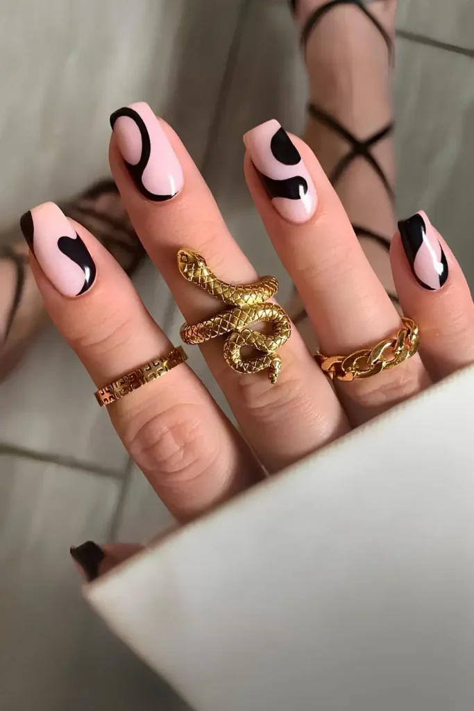 Milky Nails With Abstract Black Shapes for a Modern Style