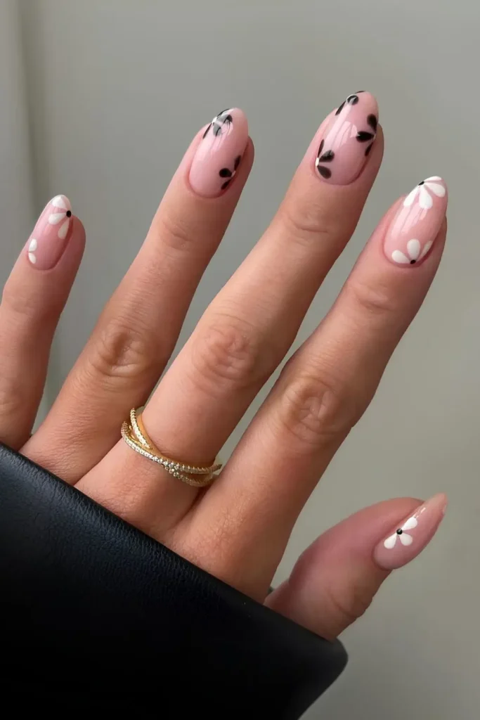 Milky Nails With Black and White Flowers