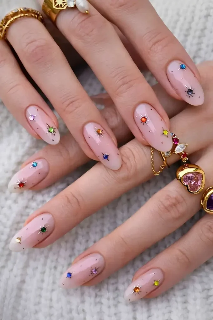 Milky Nails With Colorful Gems You'll Love