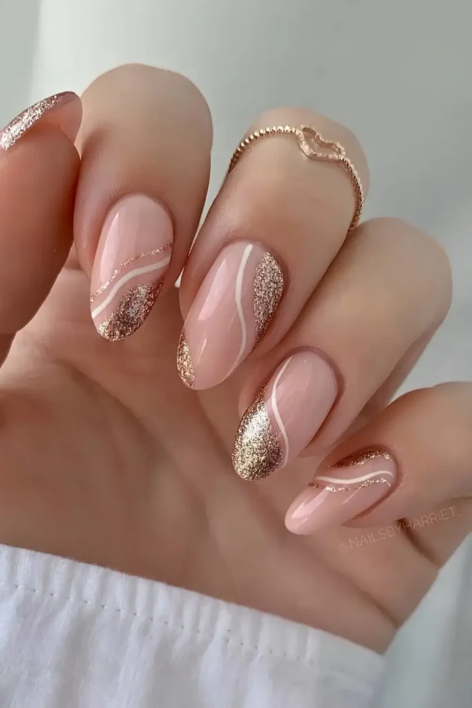 Milky Nails With Gold Glitter and Line Art for a Luxe Look