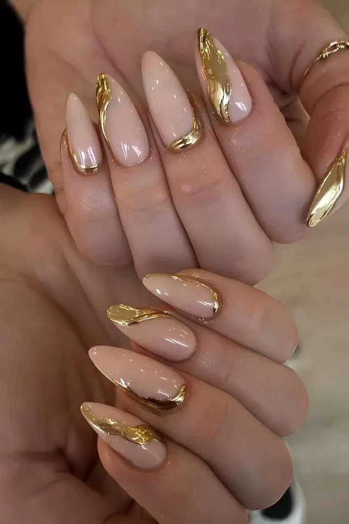 Milky Nails With Gold Molten Metal Inspired Art for a Trendy Luxe Look