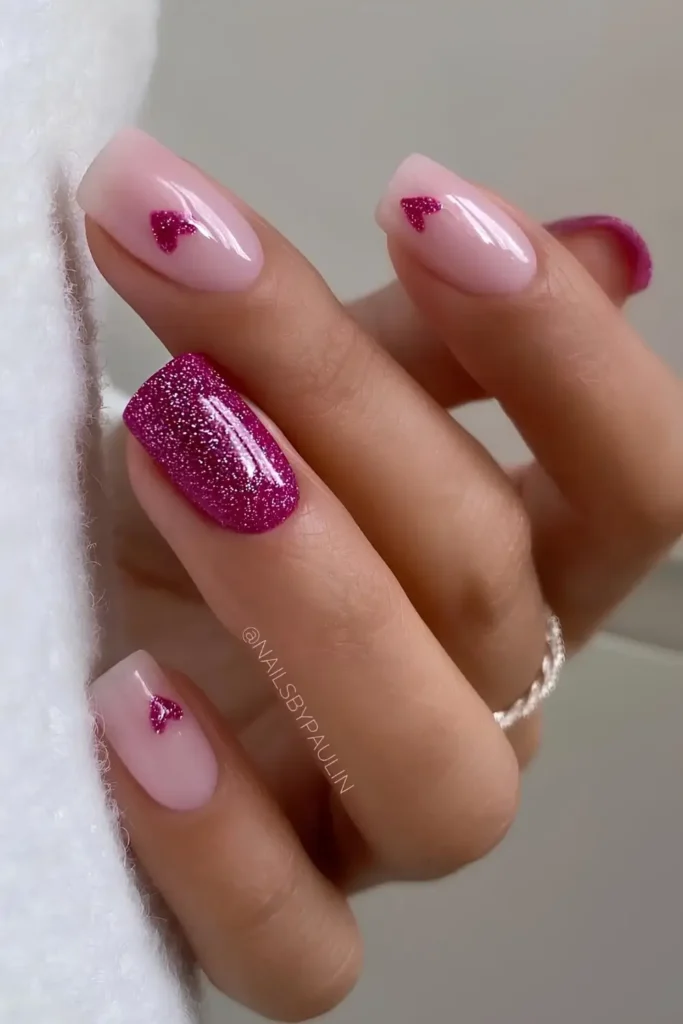 Milky Nails With Hot Pink Glitter and Hearts You'll Adore