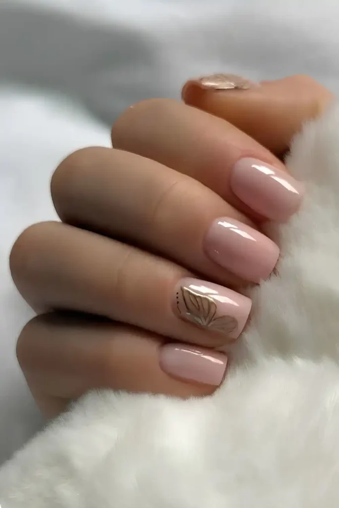 Milky Pink Mani With Gold Butterfly Art for a Whimsical Luxe Look