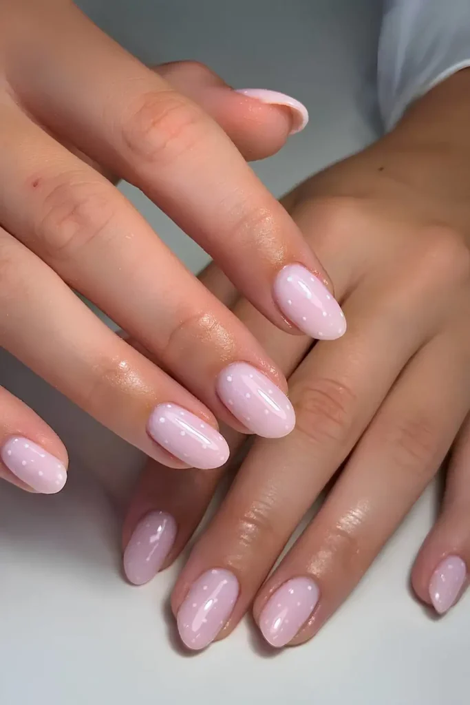 Milky Pink Manicure With Polka Dots for a Cute Look