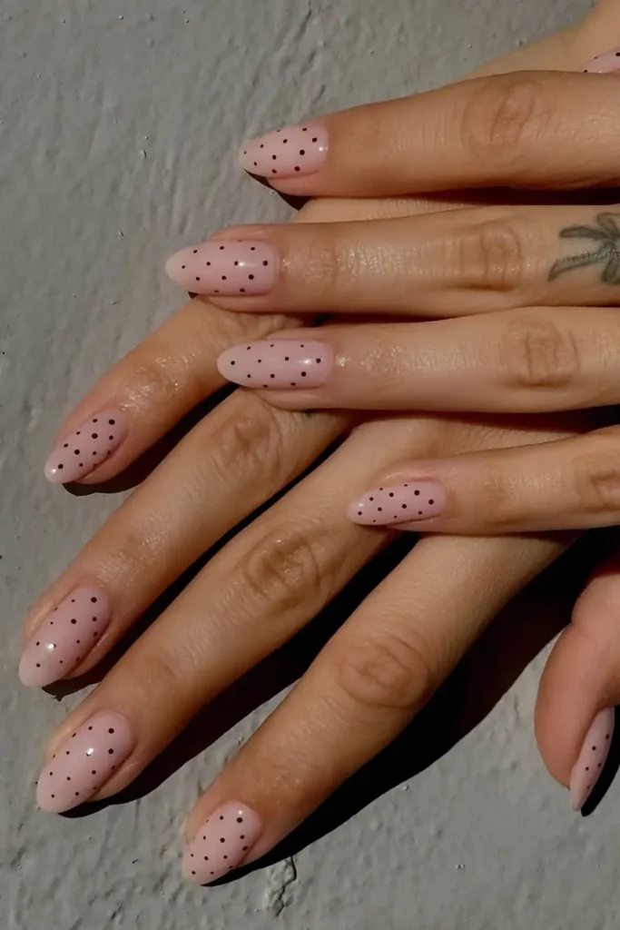 Milky Pink Nails With Black Micro Dots