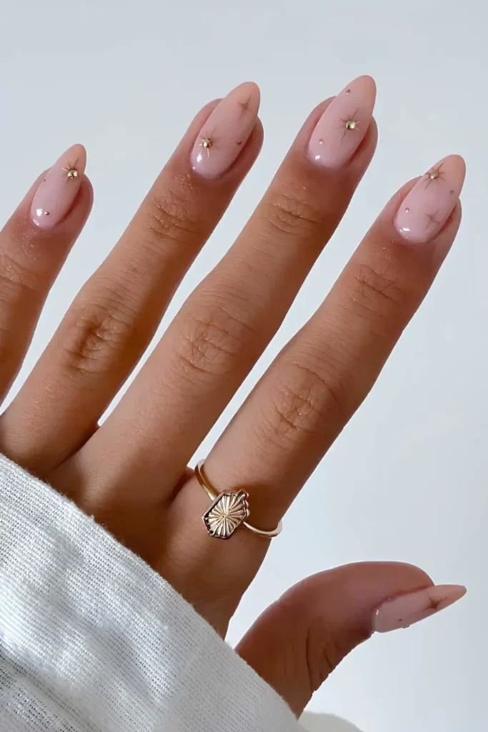 Milky Pink Nails With Gold Celestial Art for a Dreamy Finish