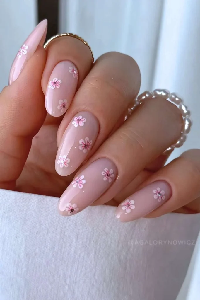 Milky Pink Nails With Micro Cherry Blossoms