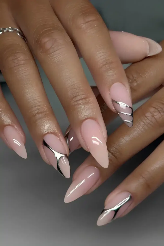 Milky Pink Nails With Silver Chrome Lines for a Sleek Glam Finish