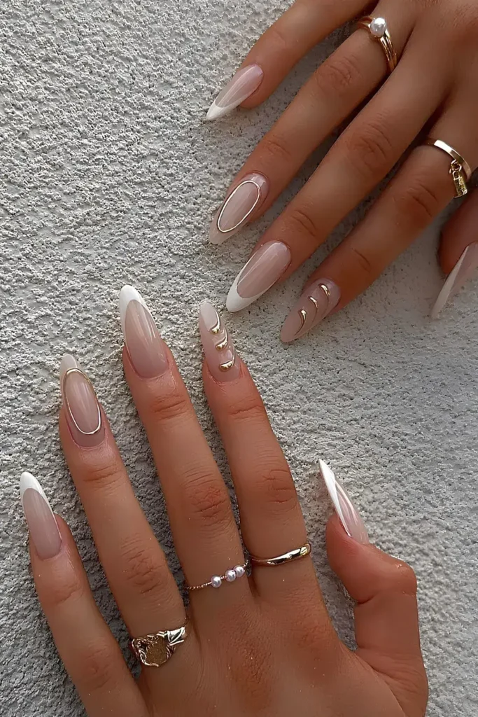 Milky White French Mani With Gold Chrome Accents for a Luxe Elegant Look