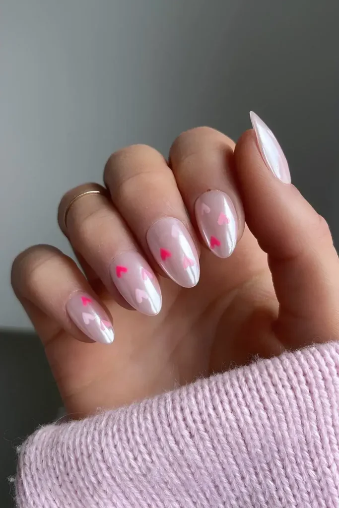 Milky White Chrome With Heart Accents for a Romantic Touch