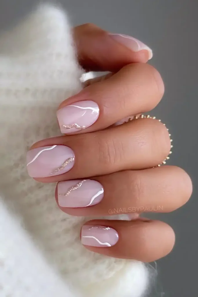 Milky White Mani With Glitter and Line Art That Looks Stunning