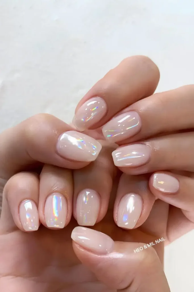 Milky White Nails With Aurora Chrome Finish