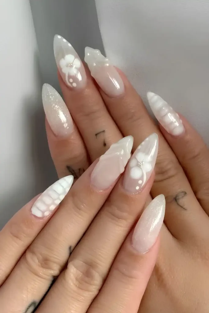 Milky White Nails With Blooming Flowers and Textured Accents You'll Adore