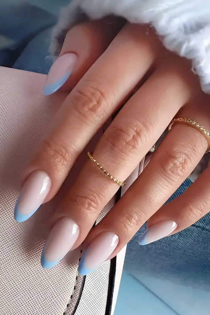 Milky White Nails With Blue French Tips for a Fresh Elegant Look