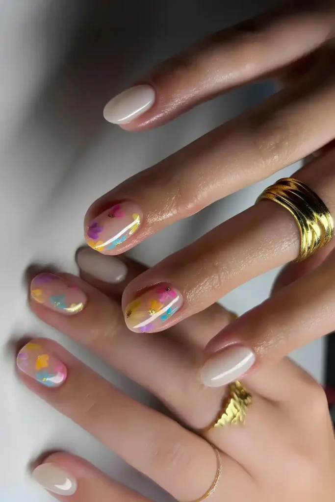 Milky White Nails With Colorful Floral Art for a Cheerful Look