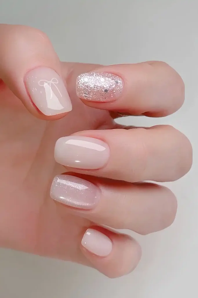 Milky White Nails With Glitter and Bows for a Glam Feminine Look