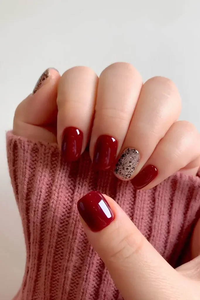 Moody Red Mani With Silver Glitter Accent That Shines Beautifully