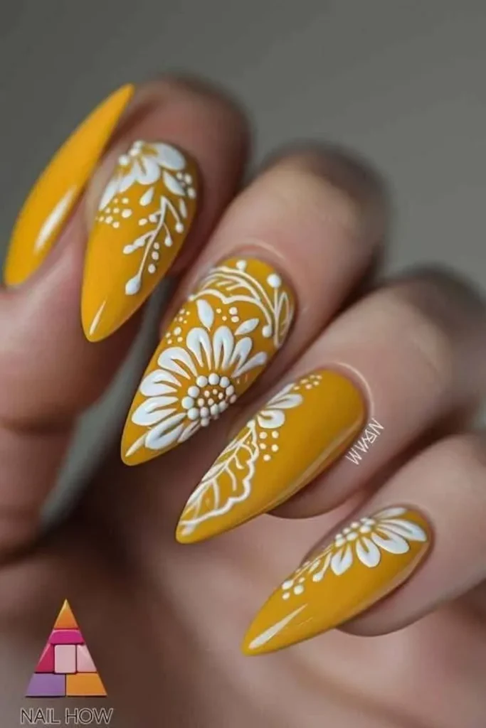 Mustard Yellow Floral Nails With White Botanical Art for a Fresh Fall Look