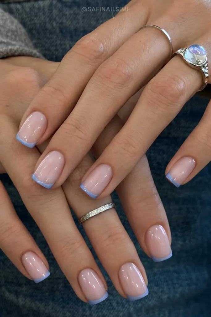 Muted Blue Micro French Manicure for a Clean Minimal Style