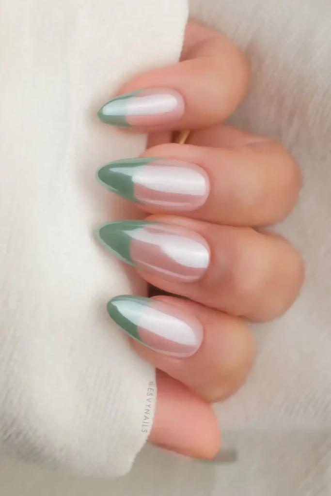 Muted Green French Mani With Chrome Overlay for a Sophisticated Finish