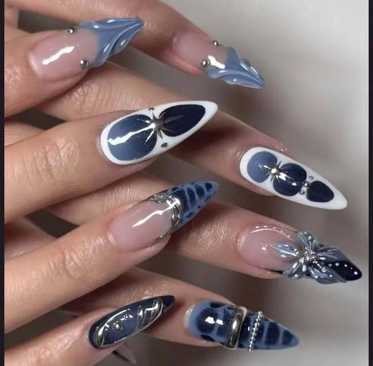 Navy Nails With Silver Swirls and Negative Space