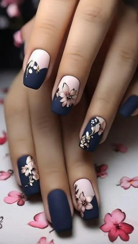 Navy Blue Floral Nails With Soft Pink Bloom Accents for a Romantic Touch