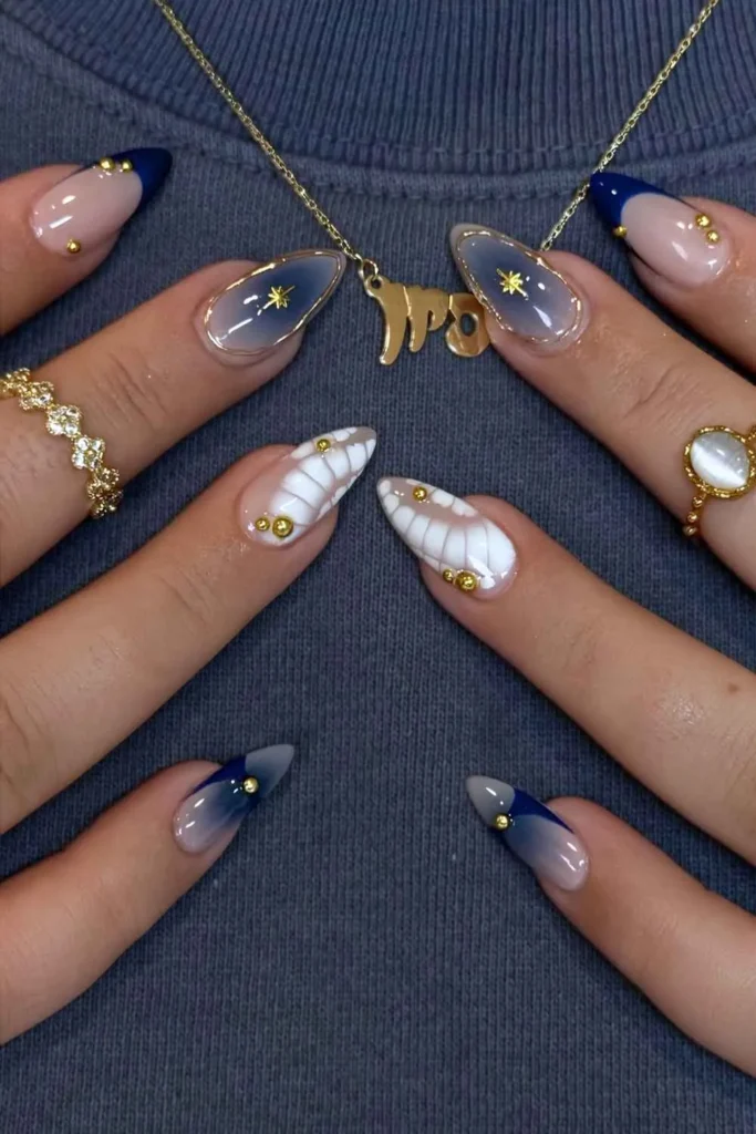 Navy and White Mani With Gold and Animal Print Accents