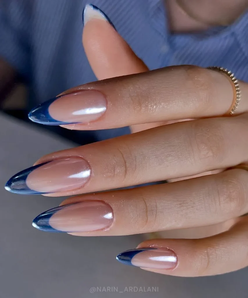 Navy Blue Chrome French Nails With a Stunning Mirror Finish