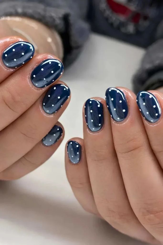 Navy Blue Chrome Mani With Polka Dots That Shines Beautifully