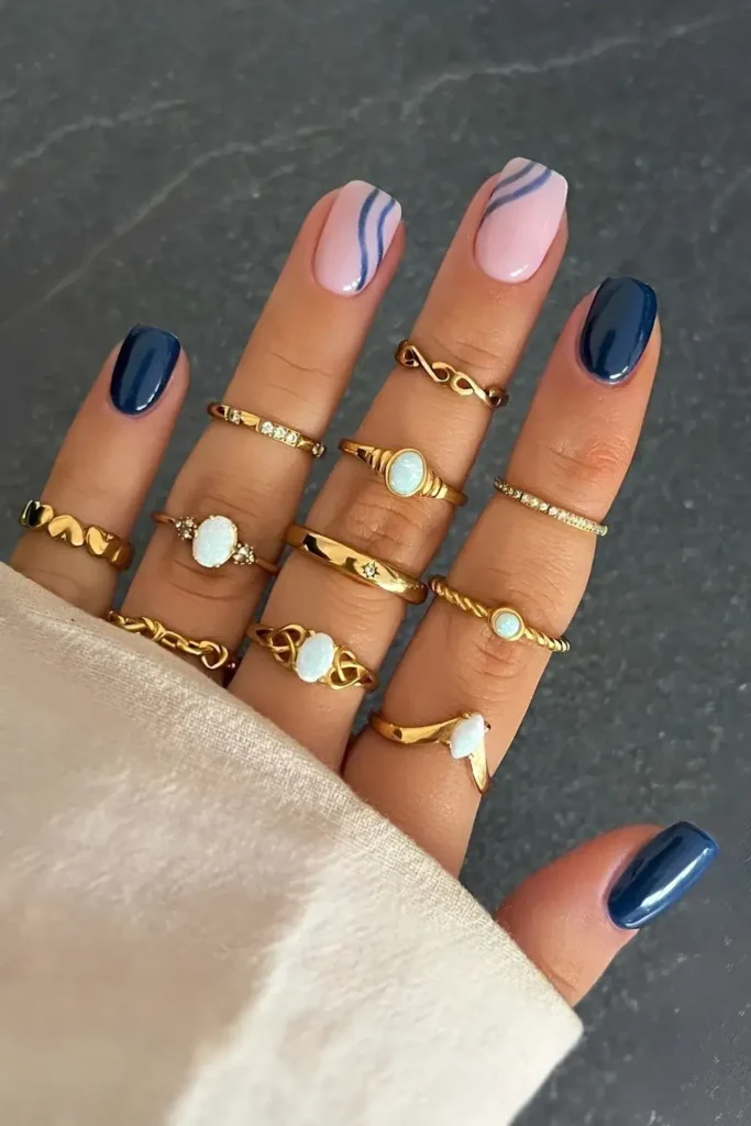 Navy Blue Mani With Line Art for a Sleek Contemporary Look