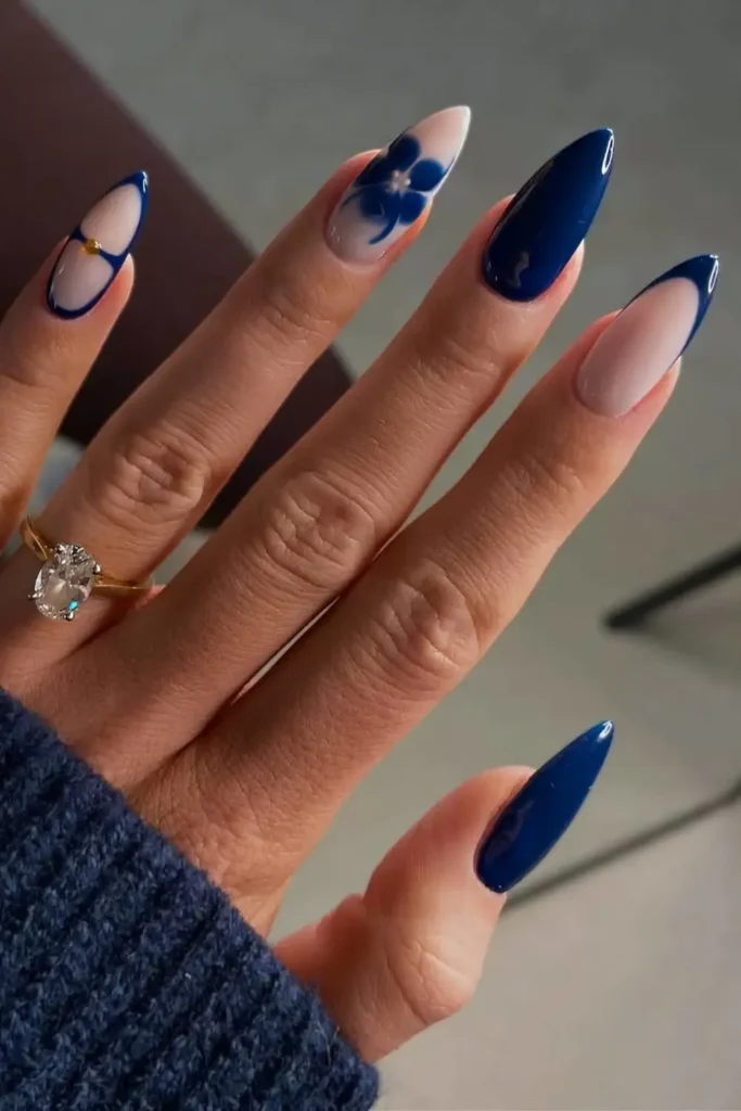 Navy Blue Nails With Accent Blooming Gel Flower That Stands Out