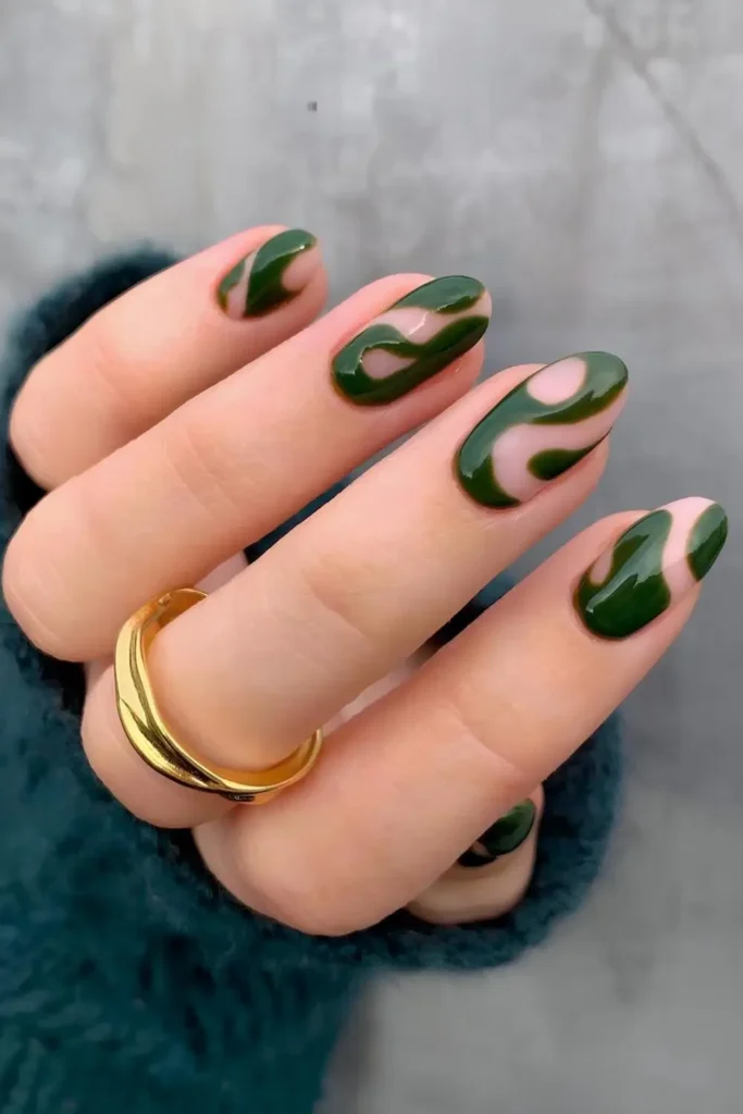 Neutral Mani With Abstract Green Swirls That Feels Effortlessly Chic