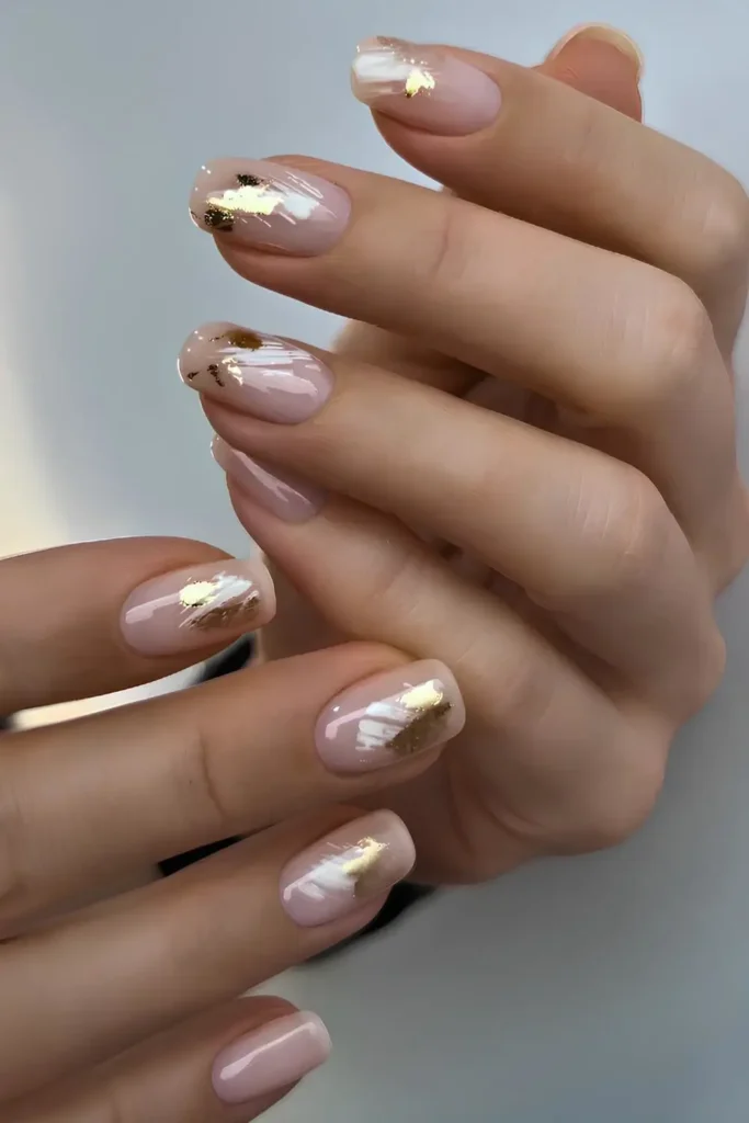 Neutral Mani With Gold and White Brushstroke Art for an Artistic Finish