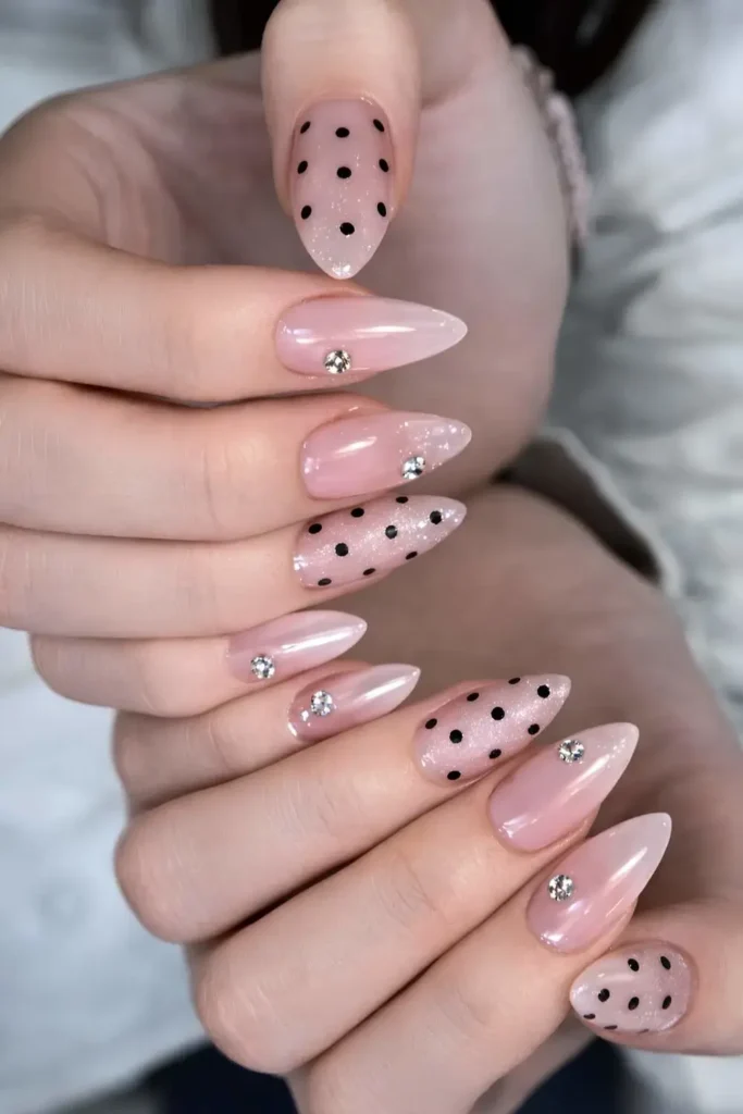 Neutral Mani With Polka Dots and Crystals for a Chic Style