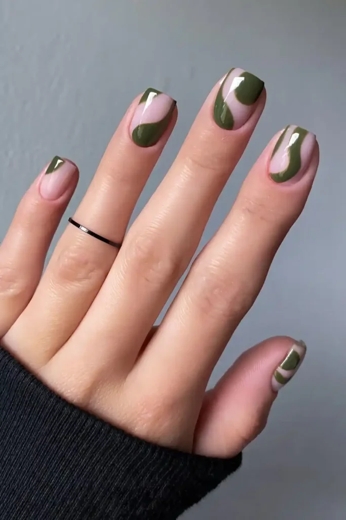 Neutral Nails With Abstract Green Swirls for an Artistic Finish