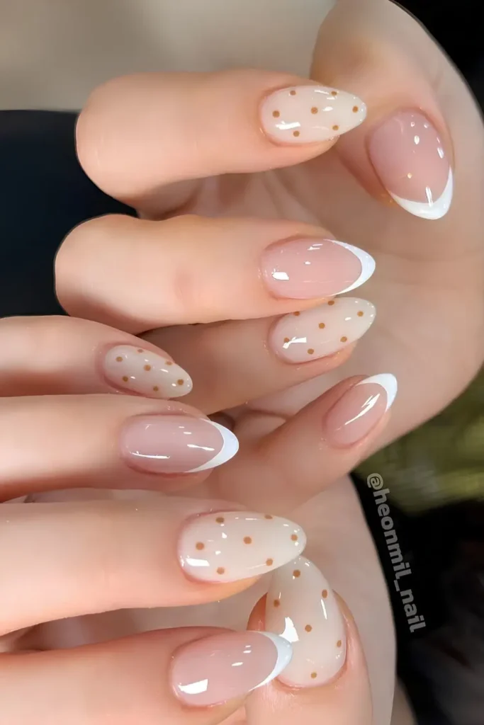 Neutral Nails With Brown Polka Dot Art