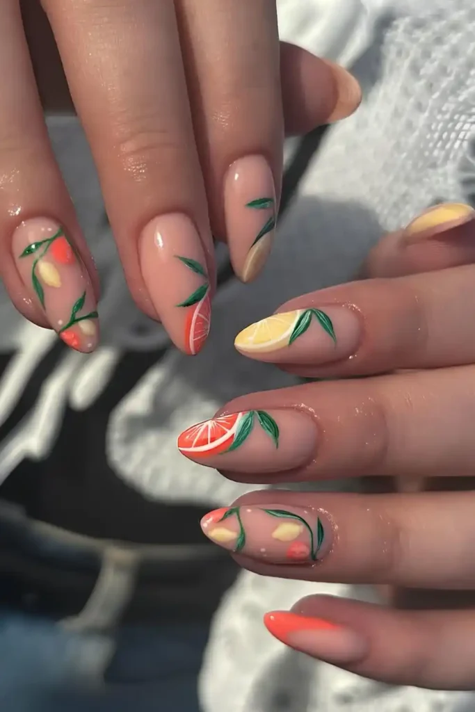 Neutral Nails With Lemon and Orange With Green Accents for a Fresh Citrus Inspired Look