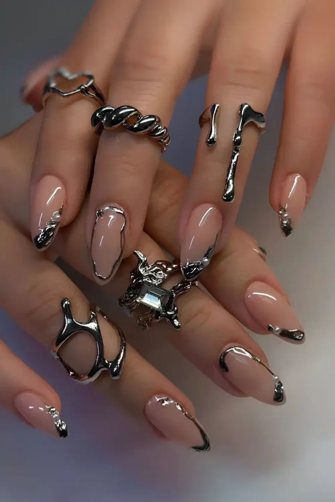 Neutral Nails With Silver Chrome and Pearl Details That Feel Luxurious