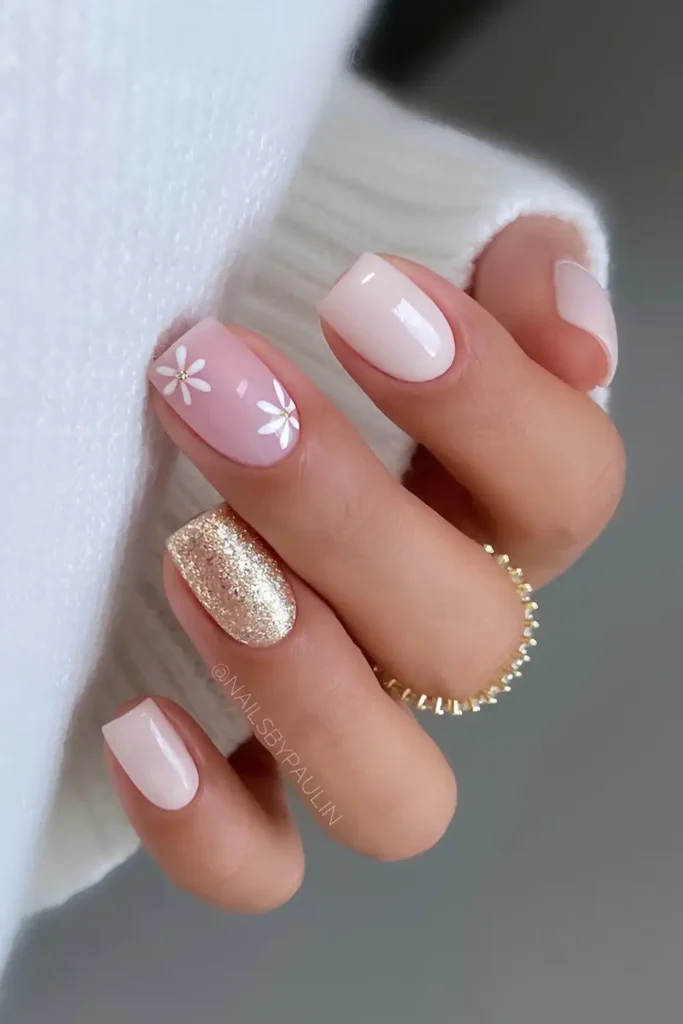 Neutral Pink Mani With Flowers and Glitter
