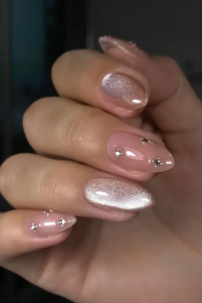Neutral Velvet Nails With Rhinestones for a Luxe Finish