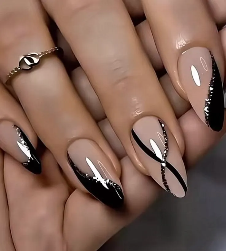 Nude Black Nails With Abstract Swirl and Glitter Accent