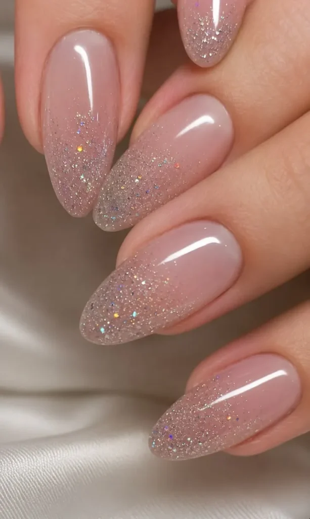 Nude Glitter Ombre Nails With Fine Holographic Sparkle Finish