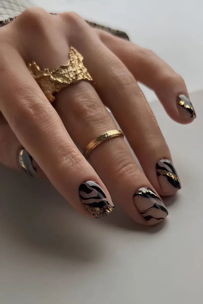 Nude Mani With Black and Gold Zebra Print