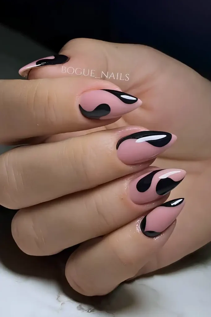 Nude Nails With Accent Black Swirls That Blend Minimal and Modern