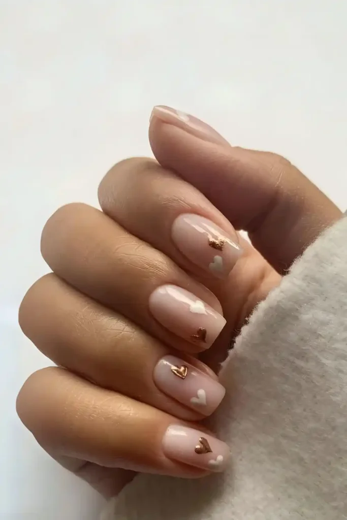 Nude Nails With Gold and White Hearts for a Sweet Elegant Style