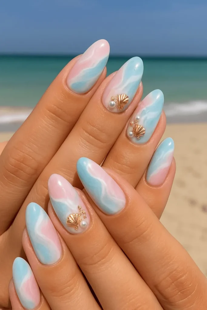 Ocean Blue Aura Nails With Gold Seashell Pearl Accents
