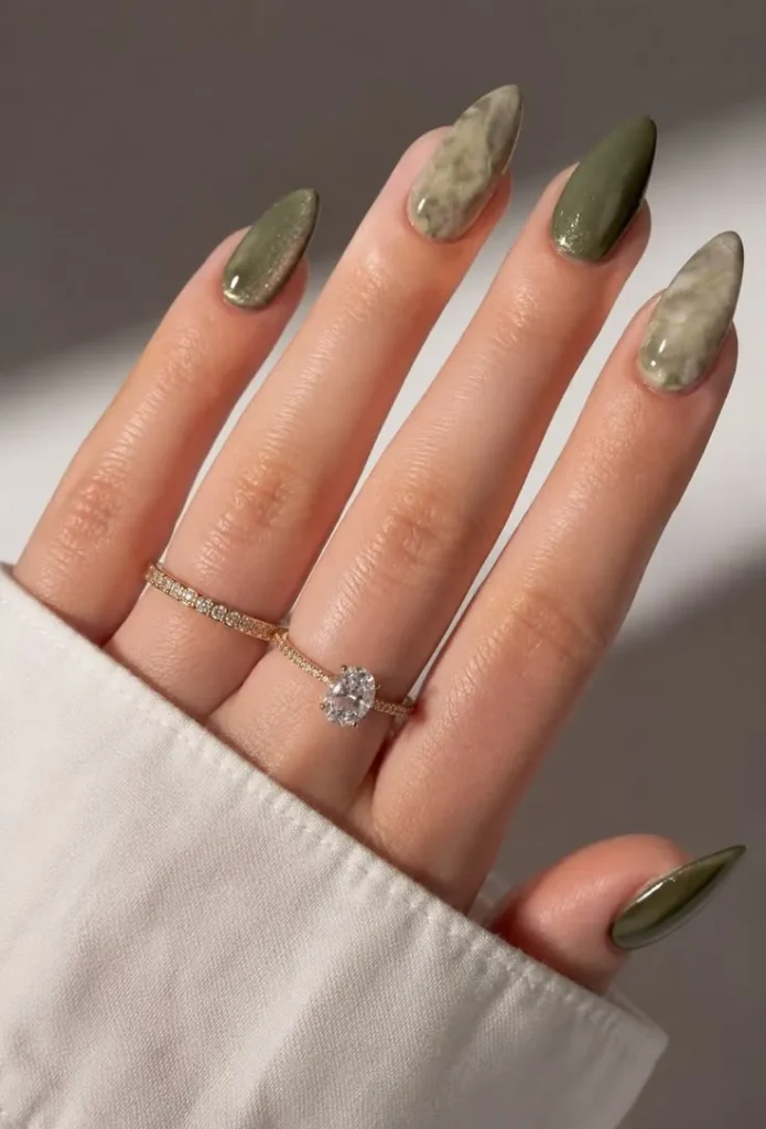 Olive Green Marble Nails Inspo With an Elegant Almond Nail Design